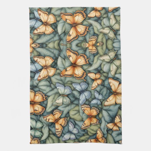 Vlinders Patroon Blauw Groen Geel tinten Theedoek (Verticaal)