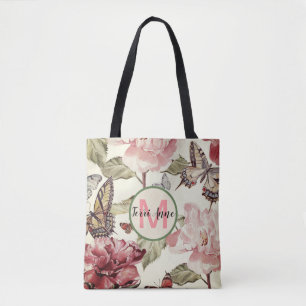 Vlinders & Pioenrozen met vintage tint en monogram Tote Bag