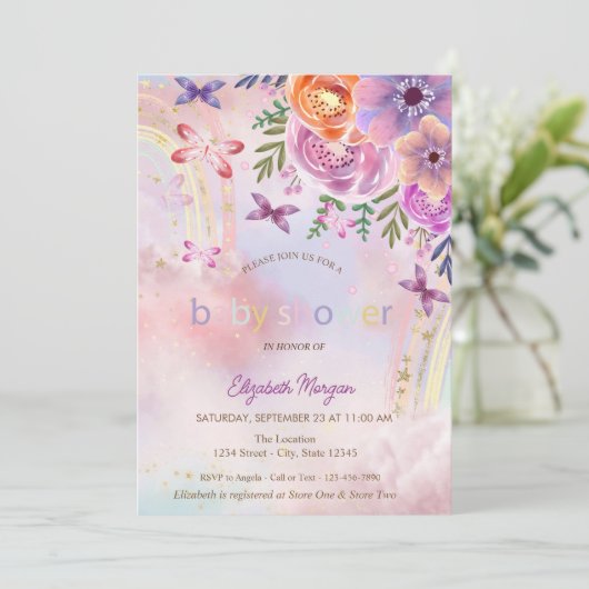 Vlinders Regenboog Bloemen Baby shower Kaart (Staand voorkant)