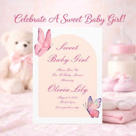 vlinders roze baby shower save the date