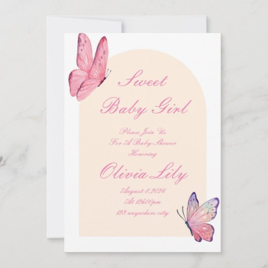 vlinders roze baby shower save the date (Voorkant)