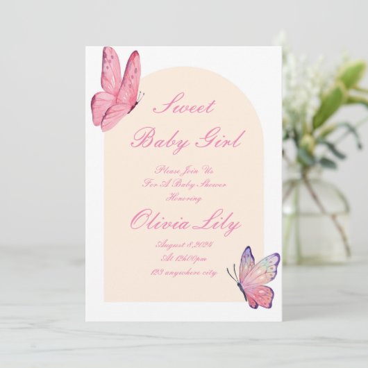 vlinders roze baby shower save the date (Staand voorkant)