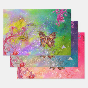 VLINDERS,ROZE BLAUW PAARS GROEN GLINSTERING Bloemr Inpakpapier Vel