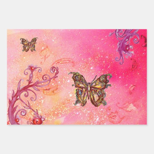 VLINDERS,ROZE BLAUW PAARS GROEN GLITTERS Bloemig Inpakpapier Vel (Voorkant 3)