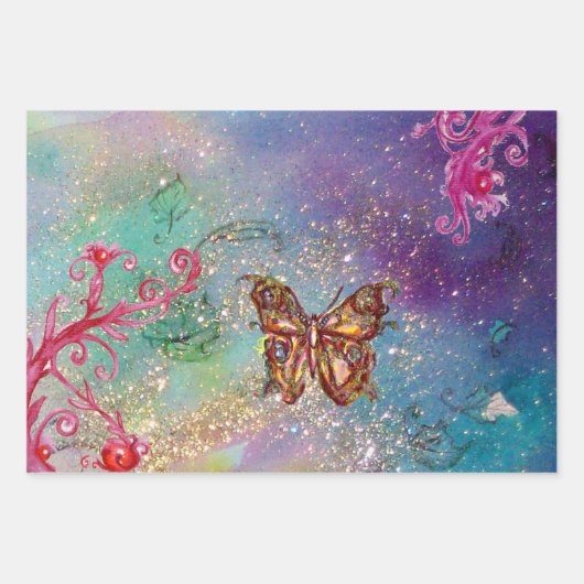 VLINDERS,ROZE BLAUW PAARS GROEN GLITTERS Bloemig Inpakpapier Vel (Voorkant 2)