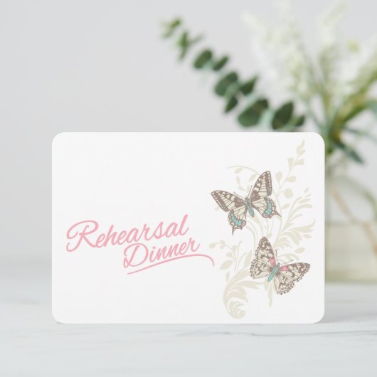 Vlinders roze bruiloft repetitie diner uitnodiging (Staand voorkant)