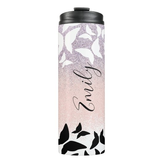 Vlinders Roze Glitters Geborduurde Naam Thermosbeker (Voorkant)