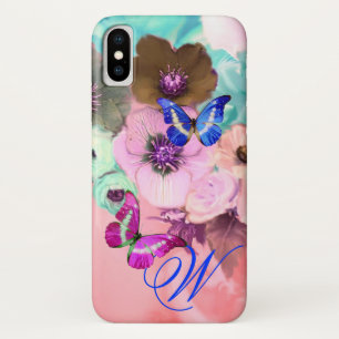 VLINDERS, ROZE TEAL ROZEN EN ANEMONEBLOEMEN iPhone X HOESJE