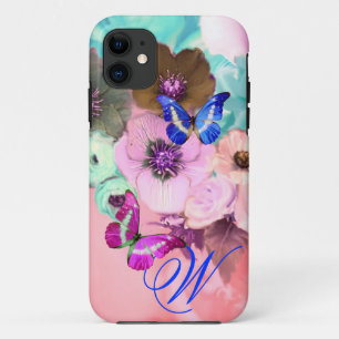 VLINDERS, ROZE TEAL ROZEN EN ANEMONEBLOEMEN iPhone 11 HOESJE