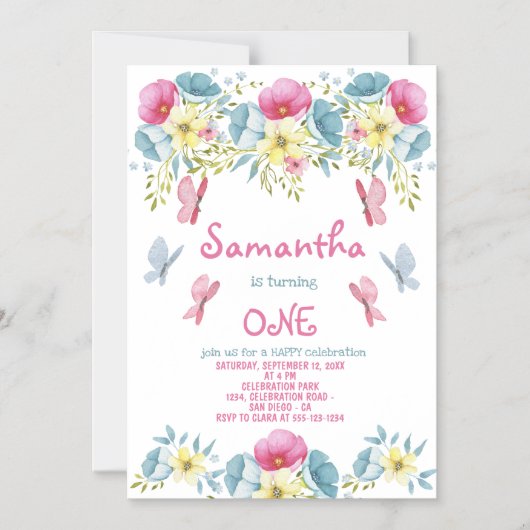 Vlinders Roze Waterverf Bloemen Verjaardag Magnetische Uitnodiging (Voorkant)