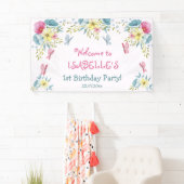 Vlinders Roze Waterverf Bloemen Verjaardag Spandoek (Insitu)