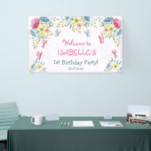 Vlinders Roze Waterverf Bloemen Verjaardag Spandoek (Beurs)
