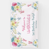 Vlinders Roze Waterverf Bloemen Verjaardag Spandoek (Verticaal)