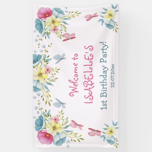 Vlinders Roze Waterverf Bloemen Verjaardag Spandoek (Verticaal)