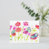 Vlinders Roze Waterverf Wildflowers Briefkaart (Staand voorkant)