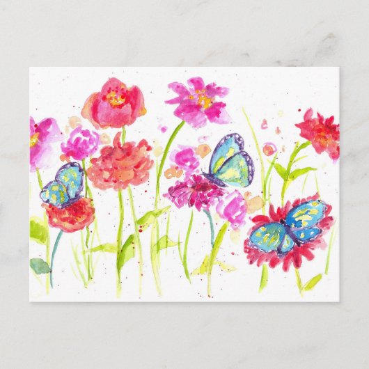 Vlinders Roze Waterverf Wildflowers Briefkaart (Voorkant)