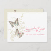 Vlinders roze witte crème bewaar de datumkaart aankondigingskaart (Voorkant / Achterkant)
