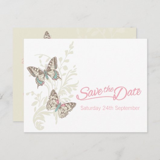 Vlinders roze witte crème bewaar de datumkaart aankondigingskaart (Voorkant / Achterkant)