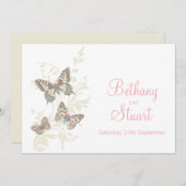 Vlinders roze witte crème bruiloft uitnodiging (Voorkant / Achterkant)
