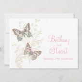 Vlinders roze witte crème bruiloft uitnodiging (Voorkant)