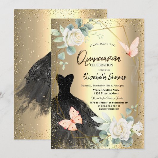 Vlinders Rozen Black Dress Quinceañera Kaart (Voorkant / Achterkant)
