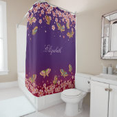 Vlinders & Sakura Bloesems Paarse gepersonaliseerd Douchegordijn (In situ)