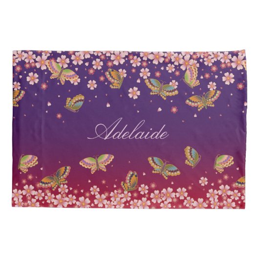 Vlinders & Sakura Bloesems Paarse gepersonaliseerd Kussensloop (Achterkant)