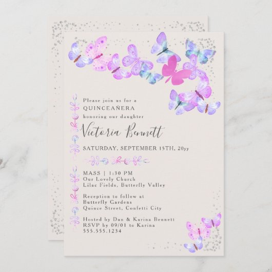 Vlinders Silver Confetti Quinceanera en Mass Kaart (Voorkant / Achterkant)