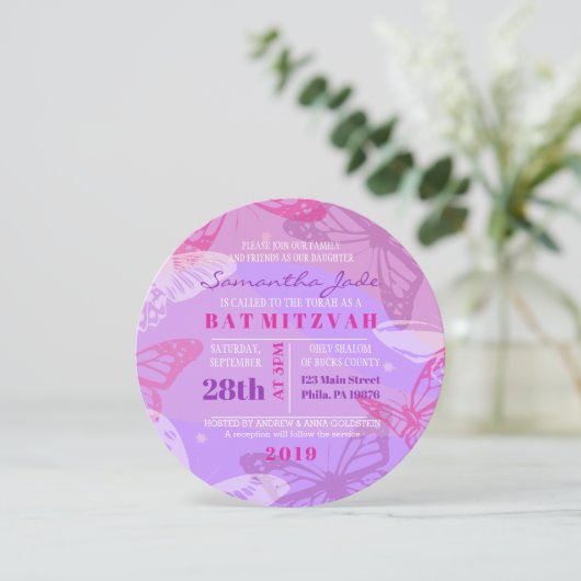 Vlinders & Sterren Ronde Bat Mitswa Uitnodiging (Staand voorkant)