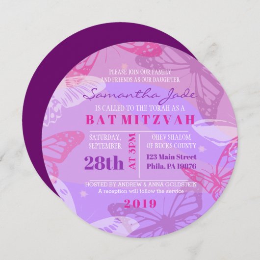 Vlinders & Sterren Ronde Bat Mitswa Uitnodiging (Voorkant / Achterkant)