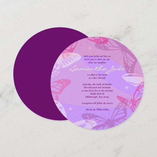 Vlinders & Sterren Ronde Bat Mitswa Uitnodiging (Voorkant / Achterkant)