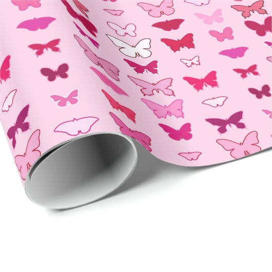 Vlinders, tinten roze en fuchsia cadeaupapier (Rol Hoek)