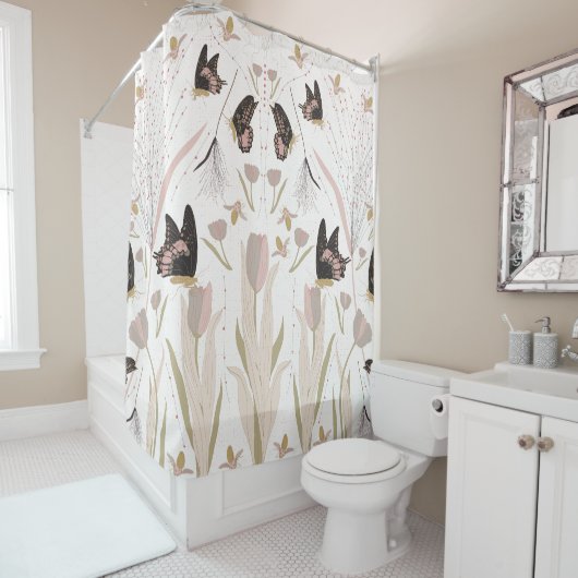 Vlinders Tulpen roze patroon Douchegordijn (In situ)