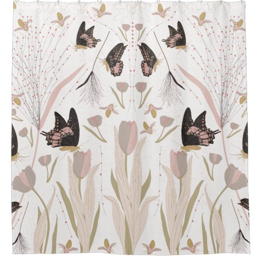 Vlinders Tulpen roze patroon Douchegordijn (Voorkant)