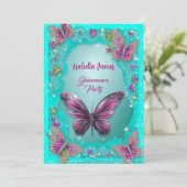 Vlinders turkoois paarse glinstering chic kaart (Staand voorkant)