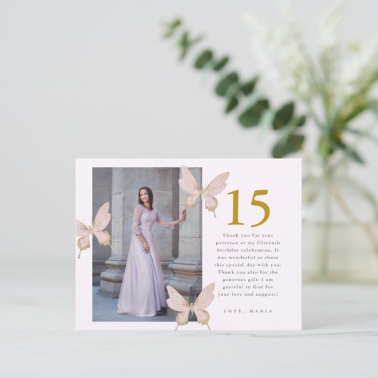  vlinders twee foto quinceanera dank u briefkaart (Staand voorkant)
