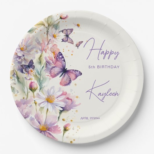 Vlinders verjaardagslavendel paarse bedrukt papieren bordje (Voorkant)