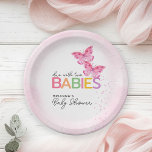 Vlinders Verschuldigd met Twee Tweeling Meisjes Ba Papieren Bordje<br><div class="desc">Deze schattige vlinder baby shower papieren borden zijn voorzien van twee roze vlinders voor een twin meisjes thema evenement. Het ontwerp is geaccentueerd met de speelse tekst "due with two BABIES" die trendy handschrift combineert met veelkleurige blokletters voor een grillig papieren bord.</div>