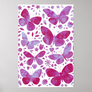 Vlinders Watercolor Magenta Roze Poster