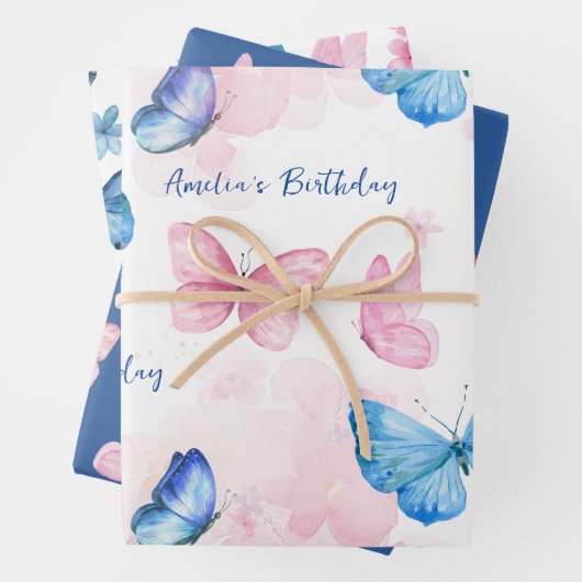 Vlinders Waterverf Blue Wrapping Paper (In situ)