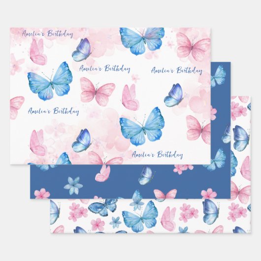 Vlinders Waterverf Blue Wrapping Paper (Set)