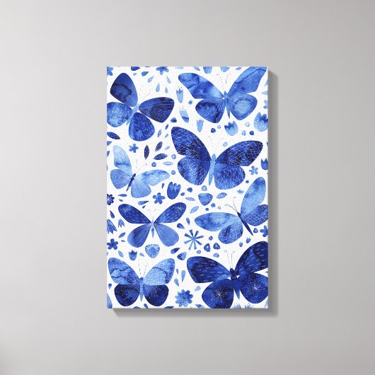 Vlinders Waterverf Indigo Blauwe Canvasprint Canvas Afdruk (Voorkant)