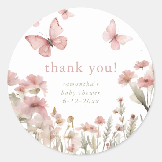 Vlinders wilde bloemen voorjaar baby shower bloeme ronde sticker (Voorkant)