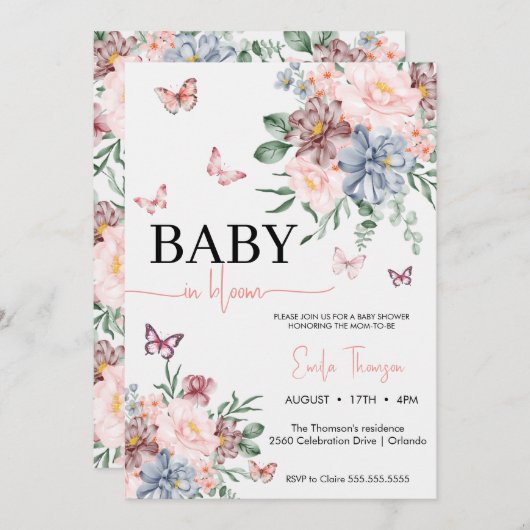 Vlinders Wildflower Meisje baby shower Kaart (Voorkant / Achterkant)