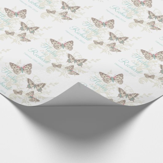 Vlinders wit blauwgroen trouwnamen cadeaupapier (Hoek)