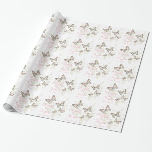 Vlinders wit roze trouwnamen cadeaupapier (Uitgerold)