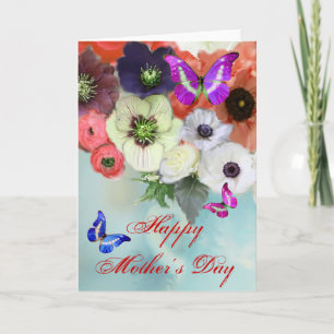 VLINDERS, WITTE RODE ROZEN EN ANEMONEBLOEMEN KAART