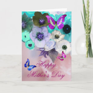 VLINDERS, WITTE TEALROZEN EN ANEMONEBLOEMEN KAART