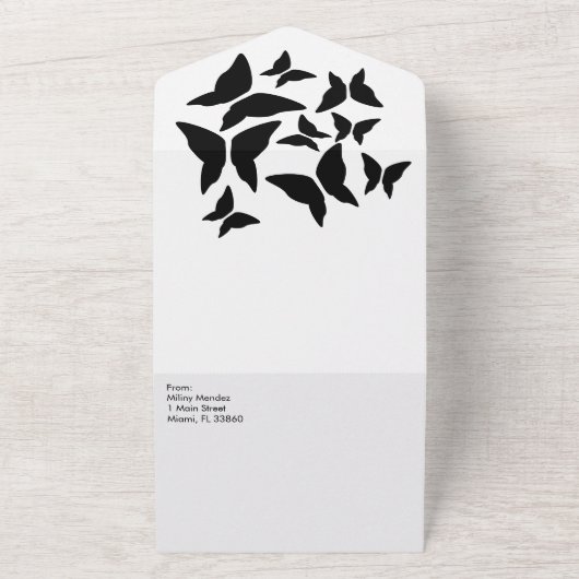 Vlinders Zwart Wit Typografie  All In One Uitnodiging (Buitenkant)