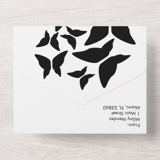 Vlinders Zwart Wit Typografie  All In One Uitnodiging (Achterkant)